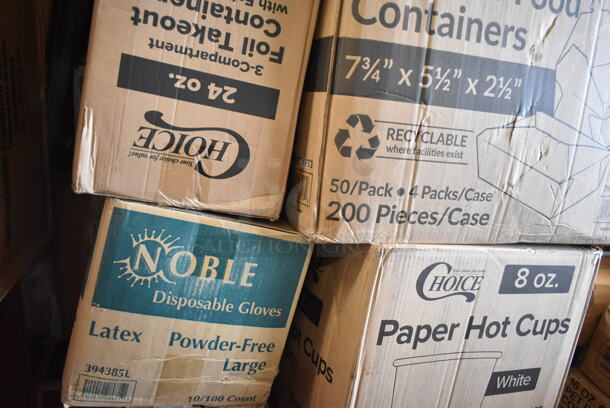 PALLET LOT of 32 BRAND NEW Boxes Including 612D3COMP Choice 8 1/2"x 6 3/8" 3-Compartment Oblong Foil Take-Out Container with Board Lid - 250/Case, 795PTOKFT3 Choice Kraft Microwavable Folded Paper #3 Take-Out Container 7 3/4" x 5 1/2" x 2 1/2" - 200/Case, 5008W Choice 8 oz. Tall White Poly Paper Hot Cup - 1000/Case, 2 Box Dart Foam Hinged Lid Containers, 164TBHRDWR8 Lancaster Table & Seating 12 Piece Floor Glide and Screw Table Base Hardware Kit, 5012433M1 Lavex Li'l Herc 12-16 Gallon 0.9 Mil 24" x 32" Low Density Medium-Duty Black Can Liner / Trash Bag - 250/Case, 394385L Noble Products White Powder-Free Disposable Latex Gloves for Foodservice - Large - 1000/Case, 760PCC05W Choice 5 oz. White Poly Paper Cold Cup - 3000/Case, 126MF883B3C Ecopax 8" x 8" 3-Compartment Microwaveable Black Mineral-Filled Plastic Hinged Take-Out Container - 150/Case. 32 Times Your Bid! - Image 8 of 10