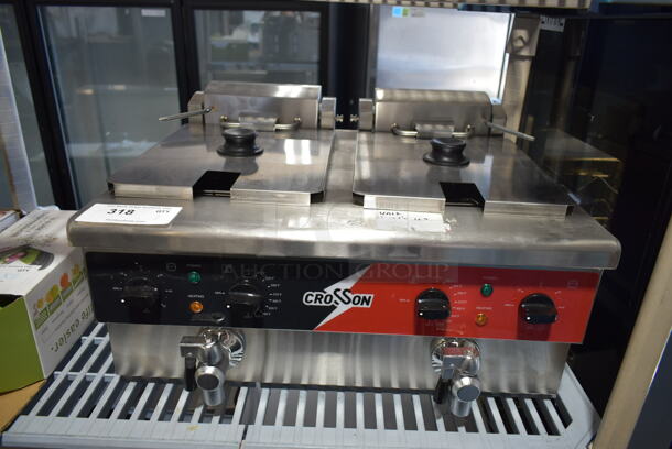 BRAND NEW SCRATCH AND DENT! 2023 Crosson EF-6V-2 Stainless Steel Commercial Countertop Electric Powered 2 Bay Fryer w/ 2 Metal Fry Baskets. 120 Volts, 1 Phase. - Item #1109601