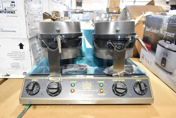 BRAND NEW SCRATCH AND DENT! 2023 Carnival King 382WBM26 Stainless Steel Commercial Countertop Non-Stick Double Belgian Waffle Maker with Timers. 120 Volts, 1 Phase. See Pictures for Damage. Tested and Working! - Image 2 of 9