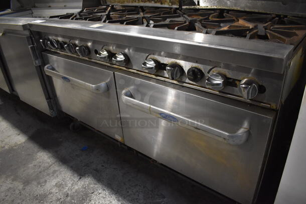 Cook Rite Stainless Steel Commercial Natural Gas Powered 10 Burner Range w/ 2 Ovens, Over Shelf and Back Splash on Commercial Casters. 60x32x58 - Image 4 of 7