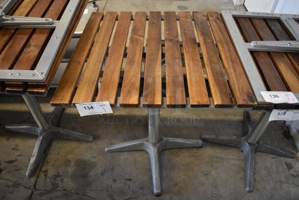 Wood Plank Dining Height Table on Gray Metal Table Base. Stock Picture - Cosmetic Condition May Vary. 23.5x23.5x30
