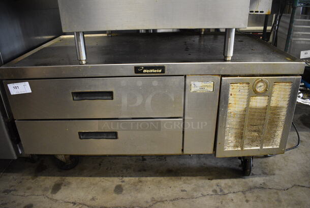 Delfield Stainless Steel Commercial 2 Drawer Chef Base on Commercial Casters. 115 Volts, 1 Phase. 52.5x31x26. Tested and Working!