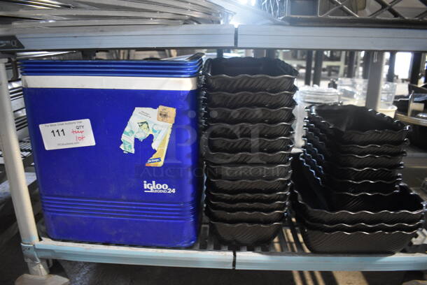 ALL ONE MONEY! Lot of Igloo White and Blue Poly Portable Cooler w/o Lid and 21 Black Poly Bins. Includes 7x10x3