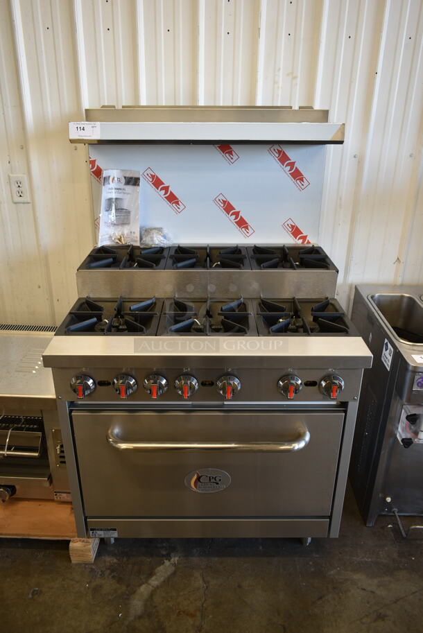 BRAND NEW SCRATCH AND DENT! Cooking Performance Group CPG 351S36SUL Stainless Steel Commercial Propane Gas Powered 2 Tier 6 Burner Range w/ Oven, Back Splash and Over Shelf. 210,000 BTU. Tested and Working! - Image 1 of 7
