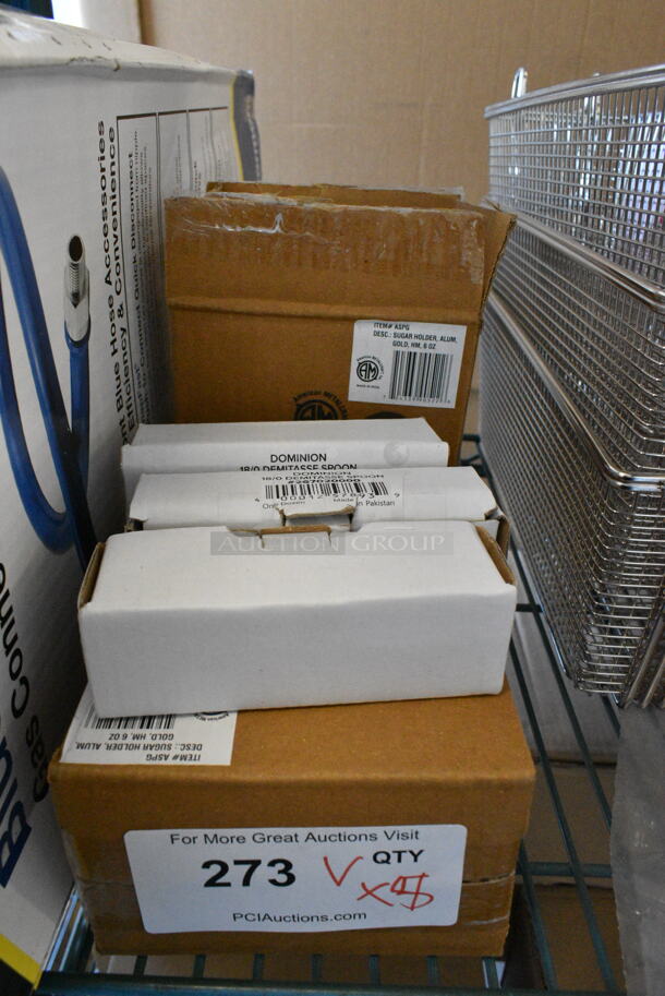 5 BRAND NEW SCRATCH AND DENT! Items Including 3 Box 267020000 Choice Dominion 4 1/4" 18/0 Stainless Steel Demitasse Spoon - 12/Case, 2 Box American Metalcraft ASPG 6 oz. Gold Oval Hammered Aluminum Sugar Packet / Cube Holder. 5 Times Your Bid!  - Image 2 of 6