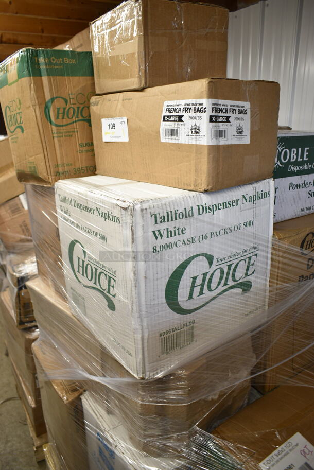 PALLET LOT of 20 BRAND NEW Boxes Including 966UPWIDEB OneUp by Choice White 1-Ply Wide Interfold 6 1/2" x 8 1/2" Dispenser Napkin - 6000/Case, 2 Box 5001RT800B Lavex 8" White Hardwound Paper Towel, 800 Feet / Roll - 6/Case, 5014046XXH Lavex Pro 45 Gallon 3 Mil 40" x 46" Low Density Heavy-Duty Industrial Contractor Black Trash Bag / Can Liner - 50/Case, 395TO961 EcoChoice 9" x 6" x 3" Compostable Sugarcane / Bagasse 1 Compartment Take-Out Container - 200/Case, Noble Small Gloves, Choice 10 oz Double Wall Paper Hot Cups, 150XLFFBAG Carnival King 6" x 3/4" x 6 1/2" Sandwich / Extra Large French Fry Bag - 2000/Case, P9812 Pactiv ClearView Smart Lock Caterware, 127DM16BULK Choice 16 oz. Ultra Clear PET Plastic Round Deli Container - 500/Case. 20 Times Your Bid! - Image 6 of 11