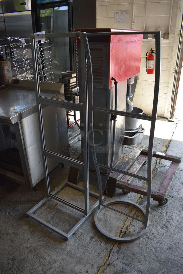 2 Gray Metal Floor Style Stands. 18.5x22x56.5, 18x18x56.5. 2 Times Your Bid!