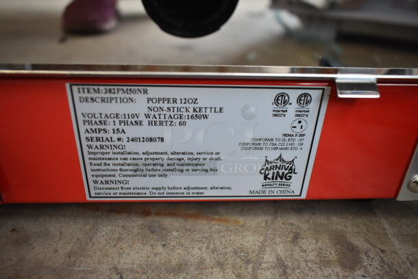 BRAND NEW SCRATCH AND DENT! Carnival King 382PM50NR Royalty Series 12 oz. Red Commercial Popcorn Machine / Popper. 120 Volts, 1 Phase. Tested and Working! - Image 6 of 6