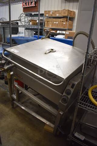 Market Forge Stainless Steel Commercial Electric Powered Floor Style Braising Pan on 3 Commercial Casters. 1 Caster Needs Repair. 36x39x45