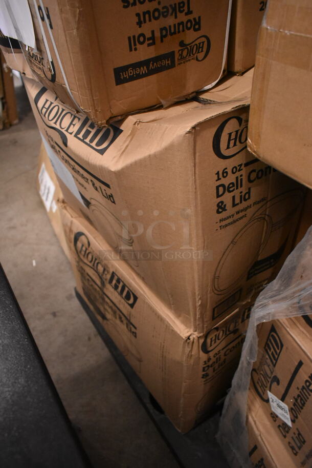 PALLET LOT of 33 BRAND NEW Boxes Including 2 Box 245CB12PLN Choice Kraft Plain Pizza Box, 2 Box 612509LCO Choice 9" Round Standard Weight Foil Take-Out Pan with Board Lid - 200/Case, 2 Box Choice 16 oz Deli Container and Lid, 4112-CL Fineline Quenchers 4112-CL Blaster Bomb Shot Cups / Power Bombs - 500/Case, 50020W Choice 20 oz. White Poly Paper Hot Cup - 600/Case, 3 Box 128HD8COMBO ChoiceHD 8 oz. Microwavable Translucent Plastic Deli Container and Lid Combo Pack - 240/Case, 6 Box 130WSPOON Choice Medium Weight White Plastic Teaspoon - 1000/Case, Dart 50HT1 5" x 5" x 3" White Foam Hinged Lid Container - 500/Case, 124A4012 American Metalcraft A4012 12" x 1" Standard Weight Aluminum Straight Sided Pizza Pan, 40716QTALMHB Choice 16 Qt. Aluminum Colander with Base and Handles, 500PMBG Choice 10" x 14" Ecru Colored Paper Placemat with Scalloped Edge - 1000/Case. 33 Times Your Bid! - Image 5 of 12