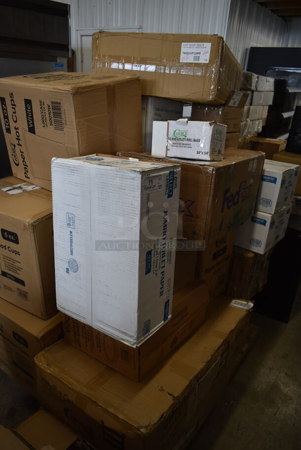 PALLET LOT of 25 BRAND NEW Boxes Including 2 Box 760SOUP6WB Choice 6 oz. White Double Poly-Coated Paper Food Cup - 1000/Case, 50010W Choice 10 oz. White Poly Paper Hot Cup - 1000/Case, 760SOUP32WB Choice 32 oz. White Double Poly-Coated Paper Food Cup - 500/Case, Choice Utility Roll Bags, 3 Box 5002TPJSELCM Lavex Select Compact Jumbo Jr. 550' 2-Ply Toilet Tissue Roll with 7