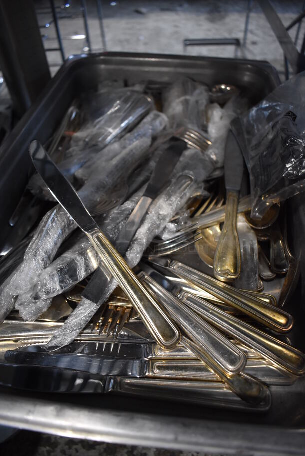 ALL ONE MONEY! Lot of Contents of Shelving Unit Including Silverware, Racks, Pump, Glass Dome Cover, Poly Bins. Does Not Include Shelving Unit. - Image 4 of 12