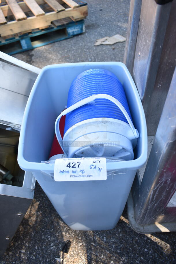 ALL ONE MONEY! Lot of Beverage Coolers, Poly Bin and Blue Trash Can.