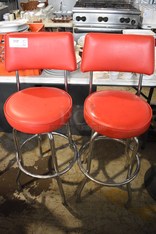 2 Red Bar Height Stools on Chrome Finish Frame. 17x17x42. 2 Times Your Bid!