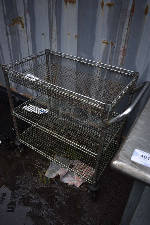 Metal 3 Tier Wire Cart w/ Push Handle on Commercial Casters. 34x18x30 - Image 4 of 4