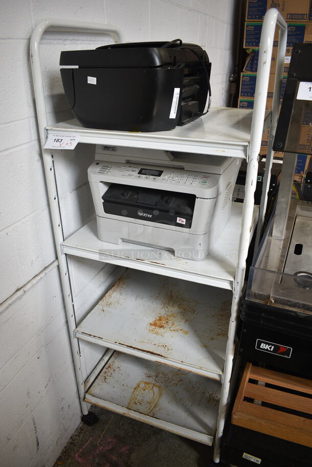 Metal 4 Tier Shelving Unit w/ Brother Printer and HP OfficeJet 3830 Printer.  - Image 1 of 11