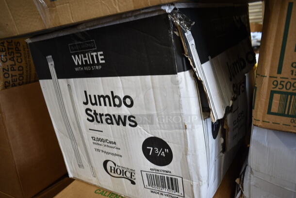 PALLET LOT of 20 BRAND NEW Boxes Including 164CUSHVYCN1 Lancaster Table & Seating Vineyard Series 1" Canvas Chair and Bar Stool Cushion with Ties, Dart 85HT3R 8" x 8" x 3" White Foam Three-Compartment Square Take Out Container with Perforated Hinged Lid - 200/Case, RNP32-162388 Pelicans Snoball Cups, 485WJ7RWH Choice 7 3/4" Jumbo White and Red Wrapped Straw - 12000/Case, Dart 12B32 12 oz. Insulated White Customizable Foam Container - 1000/Case, 245CPB20WHT White Corrugated Pizza Box. 20 Times Your Bid! - Image 8 of 12