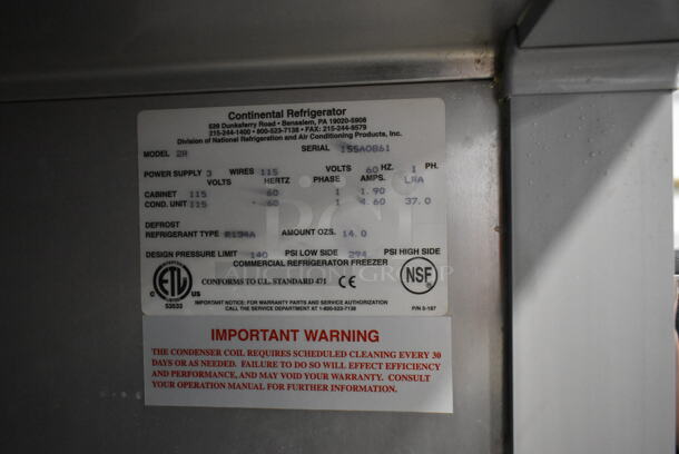 Continental 2R Stainless Steel Commercial 2 Door Reach In Cooler w/ Poly Coated Racks on Commercial Casters. 115 Volts, 1 Phase. Tested and Working! - Image 5 of 5
