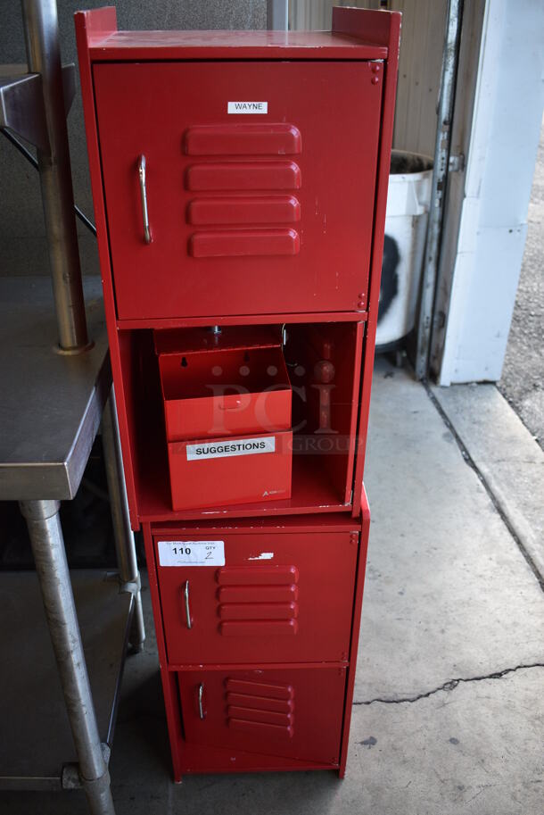 2 Red 2 Cubby Lockers. Comes w/ Suggestion Box. 13.5x14.5x27.5. 2 Times Your Bid!