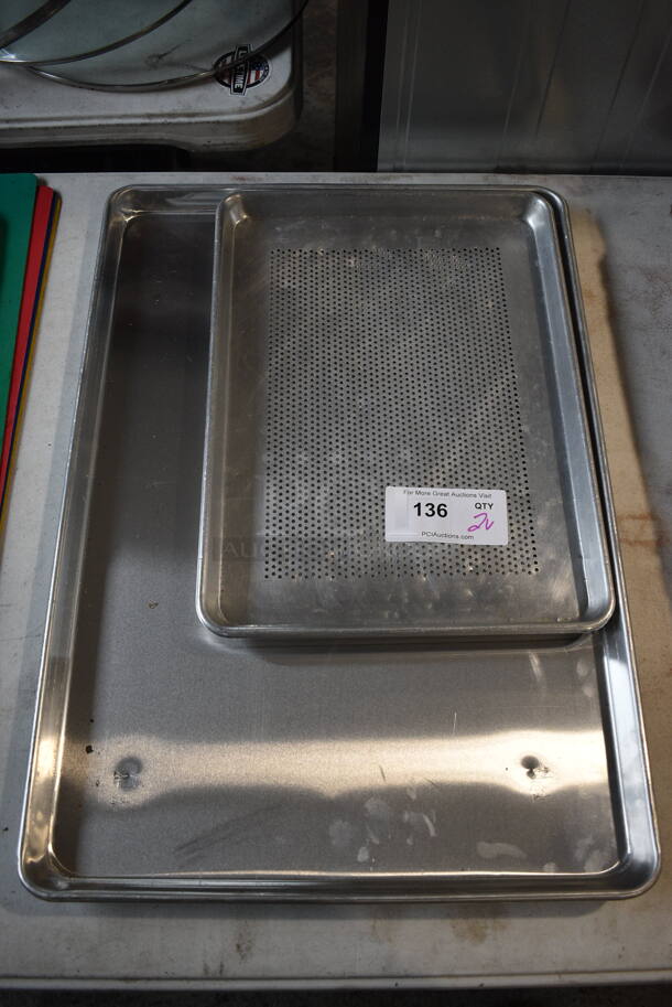 2 Metal Baking Pans. Full Size and Perforated Half Size. 18x26x1, 13x18x1. 2 Times Your Bid!