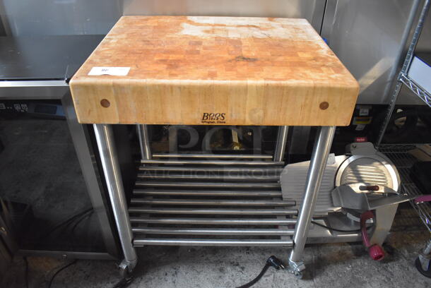 John Boos Butcher Block Table w/ Metal Dunnage Under Shelf on Commercial Casters.