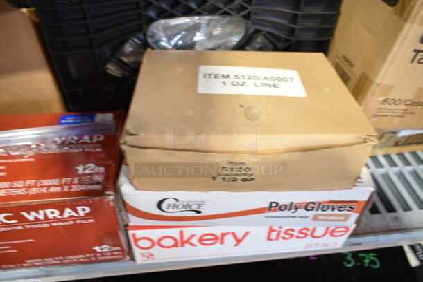 ALL ONE MONEY! Tier Lot of Various Items Including Plastic Wrap, Choice Poly Gloves, Bakery Tissue, 612P527 Choice 7" Clear Round Plastic Dome Lid - 500/Case, Sani-Sure Soft Serve Sanitizer and Cleaner, 999CC16 Cups.  - Image 6 of 12