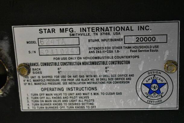 Star 624TA Stainless Steel Commercial Countertop Natural Gas Powered Flat Top Griddle. 20,000 BTU.  - Image 6 of 6
