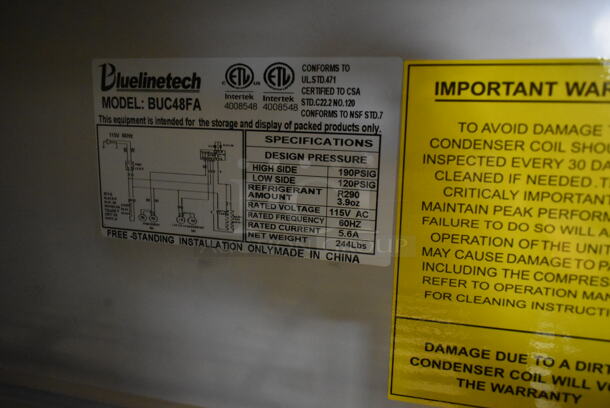 BRAND NEW SCRATCH AND DENT! Bluelinetech BUC48FA Stainless Steel Commercial 2 Door Undercounter Freezer on Commercial Casters. 115 Volts, 1 Phase. Tested and Working! - Image 7 of 7