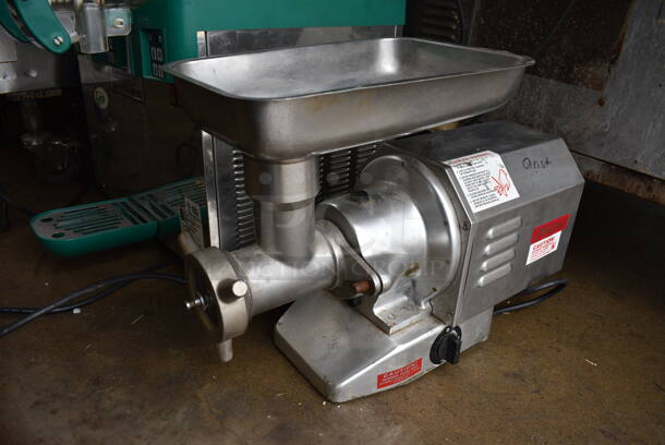 Fleetwood Model M-12-S Metal Commercial Countertop Meat Grinder w/ Tray. 115 Volts, 1 Phase. 10x23x15. Tested and Does Not Power On