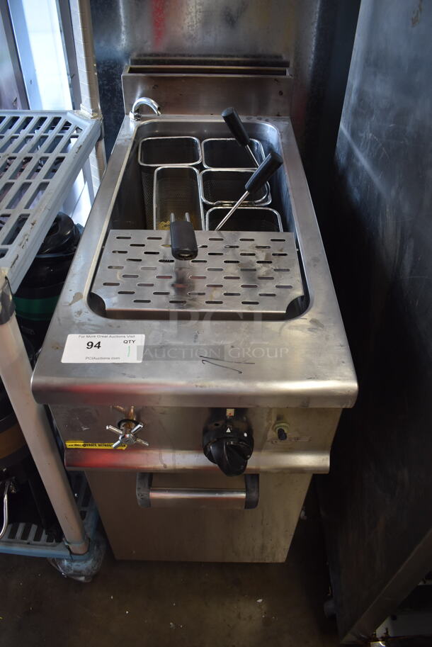 Axis Commercial Stainless Steel Natural Gas Powered Pasta Cooker With 5 Steel Baskets on Galvanized Legs.