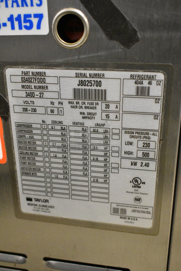 Taylor 340D-27 Stainless Steel Commercial Countertop Single Flavor Soft Serve Ice Cream Machine w/ Drink Mixing Attachment. 208-230 Volts, 1 Phase. - Image 4 of 4