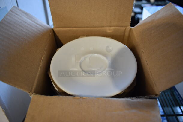 2 Boxes of 12 BRAND NEW Apulum White Ceramic Saucers. 4.5x4.5x1. 2 Times Your Bid!