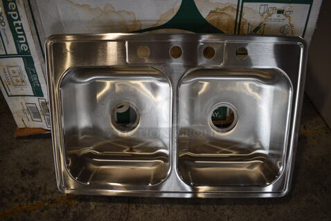 BRAND NEW IN BOX! Neptune Stainless Steel 2 Bay Drop In Sink. 33x22x7. Bays 14x16x6