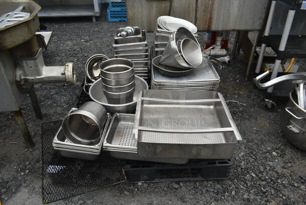 ALL ONE MONEY! PALLET LOT of Various Metal Baking Pans, Stainless Steel Drop In Bins and Strainers. - Image 1 of 5