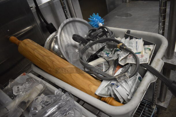 ALL ONE MONEY! Lot of Various Parts Including Rolling Pin, Metal Lids and Wire in Gray Poly Bus Bin!  - Image 3 of 5