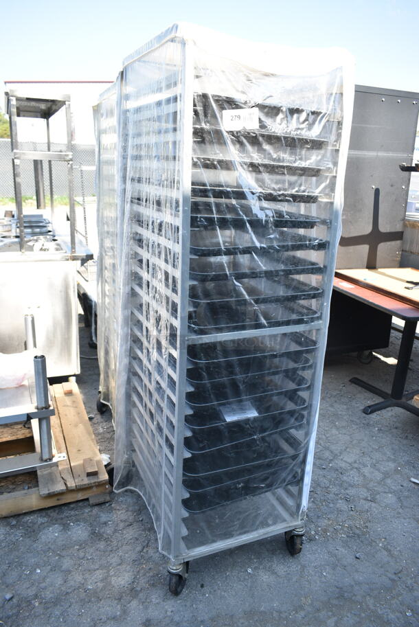 Metal Commercial Pan Transport Rack on Commercial Casters w/ Black Pans and Clear Cover.  - Image 2 of 6