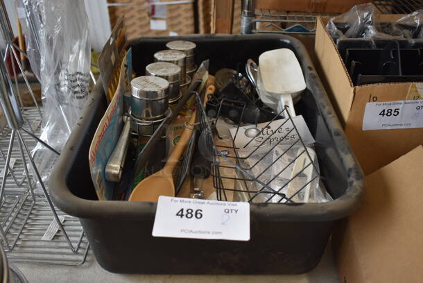 ALL ONE MONEY! Lot of Various Items Including Scraper Spatulas, Seasoning Shakers and Tomato Stemmers in Black Poly Bus Bin