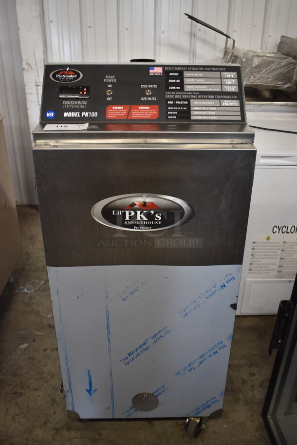 LIKE NEW! 2022 Pro Smoker N Roaster PK100 SS Commercial Stainless Steel Electric Smoker With Steel Racks On Commercial Casters. 120v, 1 Phase. 