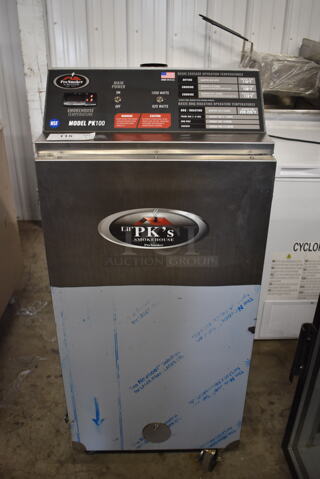 LIKE NEW! 2022 Pro Smoker N Roaster PK100 SS Commercial Stainless Steel Electric Smoker With Steel Racks On Commercial Casters. 120v, 1 Phase. 