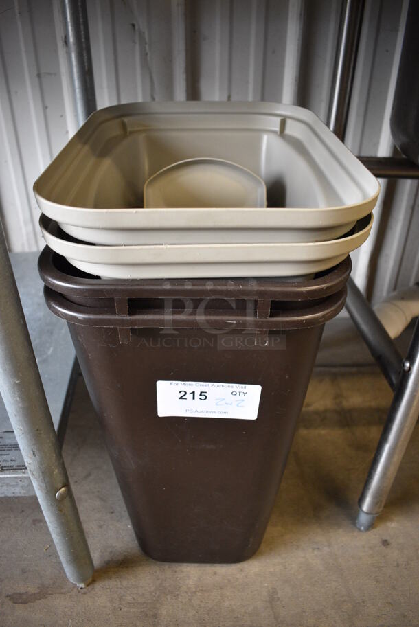 2 Brown Poly Trash Cans w/ 2 Tan Lids. 15.5x11x28. 2 Times Your Bid!