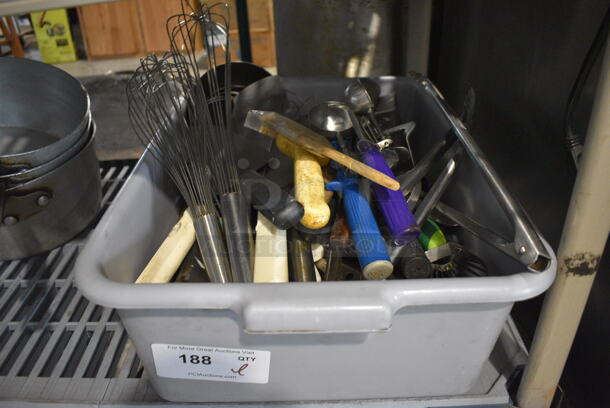 ALL ONE MONEY! Lot of Various Metal Utensils in Gray Poly Bus Bin. 