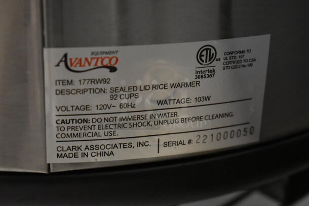 BRAND NEW SCRATCH AND DENT! 2022 Avantco 177RW92 Stainless Steel Commercial Countertop Rice Cooker. 120 Volts, 1 Phase. Tested and Working! - Image 5 of 7