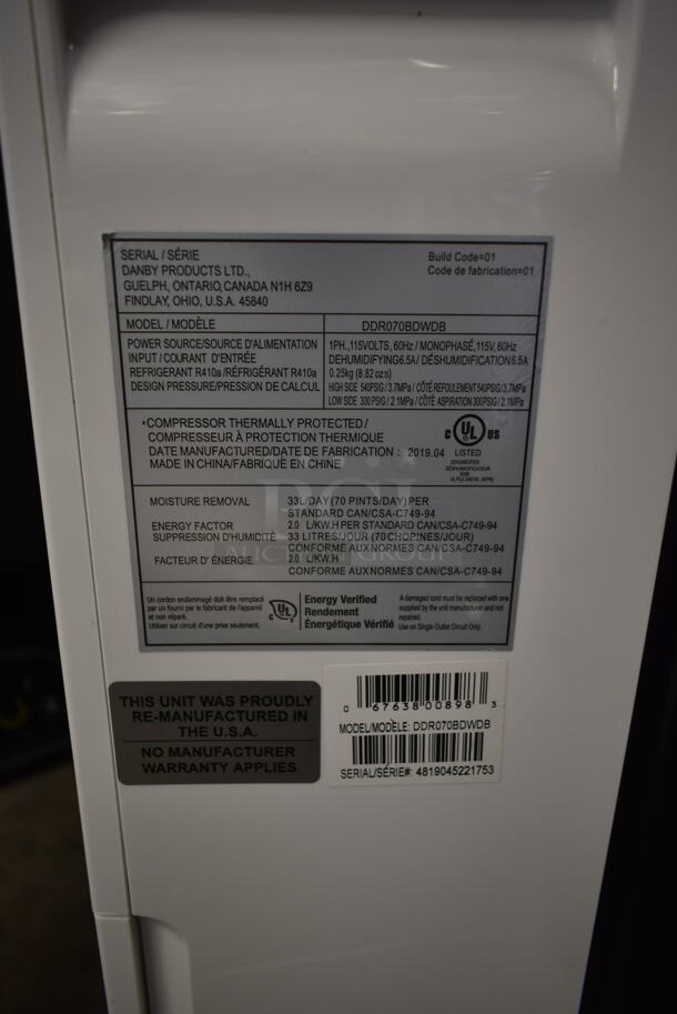 BRAND NEW SCRATCH AND DENT! Danby DDR070BDWDB Energy Star 70 Pint 2 Speed Dehumidifier. 115 Volts, 1 Phase. Tested and Working! - Image 4 of 5