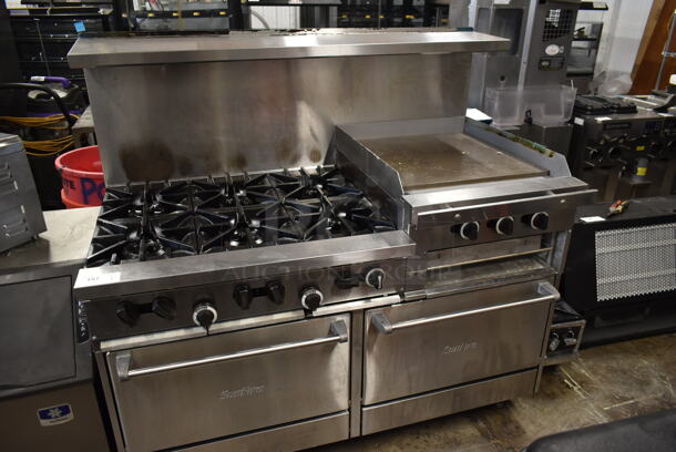 Garland SunFire X60-6R24RR Stainless Steel Commercial Natural Gas Powered 6 Burner Range w/ Right Side Flat Top Griddle, 2 Ovens, Over Shelf and Back Splash.