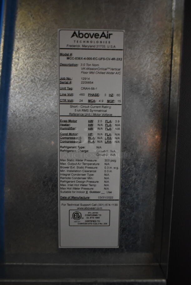 BRAND NEW SCRATCH AND DENT! Above Air MCC-036X-4-000-EC-UF0-CV-4R-2X2 Metal Commercial Vertical Floor Mounted Water Chiller. Goes Great w/ Lots 159 and 160! 460 Volts, 3 Phase.  - Image 7 of 10
