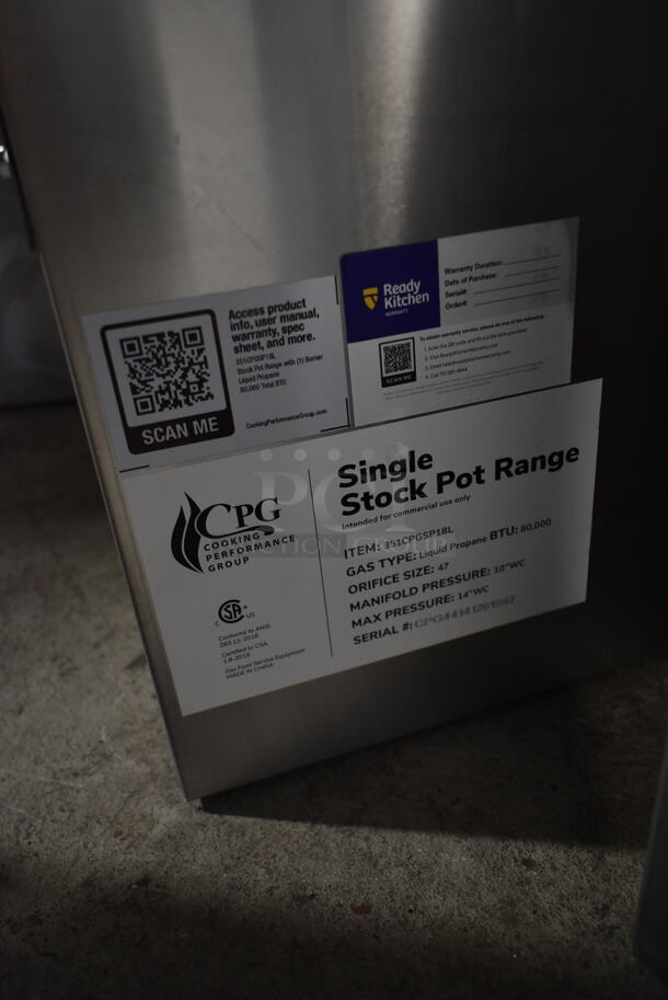 BRAND NEW SCRATCH AND DENT! Cooking Performance Group CPG 351CPGSP18L Stainless Steel Commercial Countertop Propane Gas Powered Single Burner Stock Pot Range. 80,000 BTU.  - Image 4 of 4
