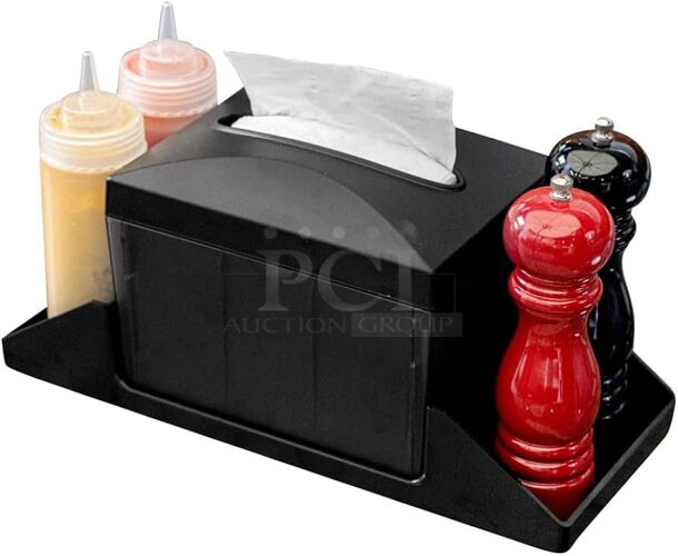 Black Plastic Tabletop Condiment Caddy / Interfold Napkin Dispenser
7" x 6 1/2" x 6 1/2" - Image 2 of 3