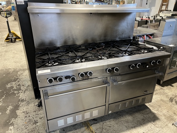 Stainless Steel Commercial Natural Gas Powered 10 Burner Range w/ 2 Ovens, Over Shelf and Back Splash on Commercial Casters. 60x33x58