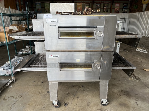 2 Lincoln Impinger Model 1600-000-U-K1969 Stainless Steel Commercial Natural Gas Powered Conveyor Pizza Oven on Commercial Casters. 90x65x64. 2 Times Your Bid!