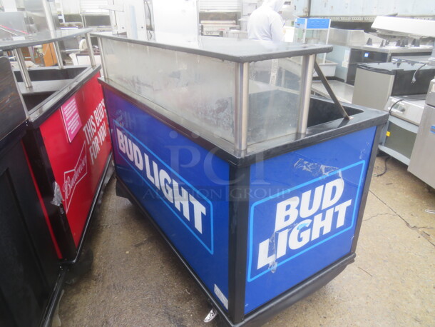 One Bud Light  IRP Portable Drink Station With Over Shelf On Casters. 61.5X30X48